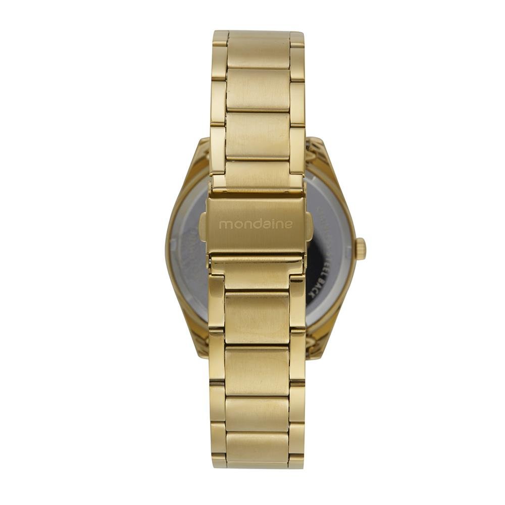 RELÓGIO MONDAINE DOURADO COM CALENDÁRIO E MOSTRADOR TRABALHADO