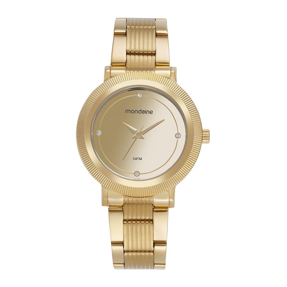 KIT RELÓGIO MONDAINE DOURADO ESPELHADO COM CORDÃO DE CORRENTE