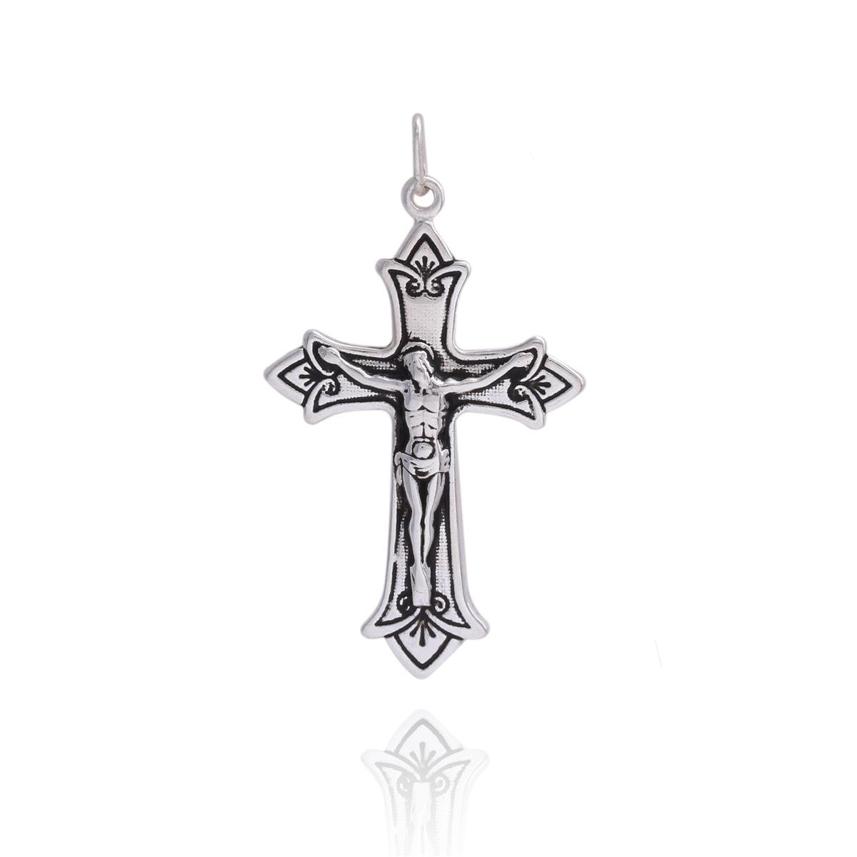 PINGENTE PRATA CRUZ TRABALHADA COM CRISTO LISO
