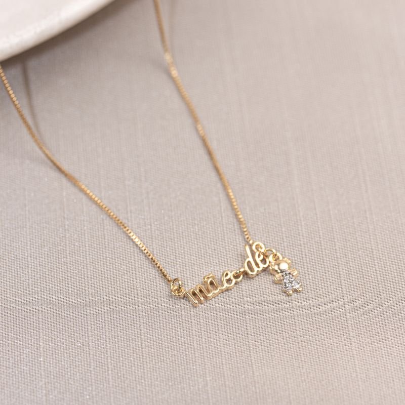 COLAR FOLHEADO A OURO MÃE DE COM MENINA PENDURADA