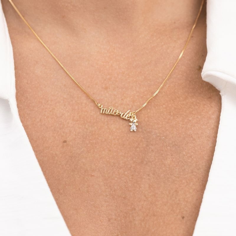 COLAR FOLHEADO A OURO MÃE DE COM MENINA PENDURADA
