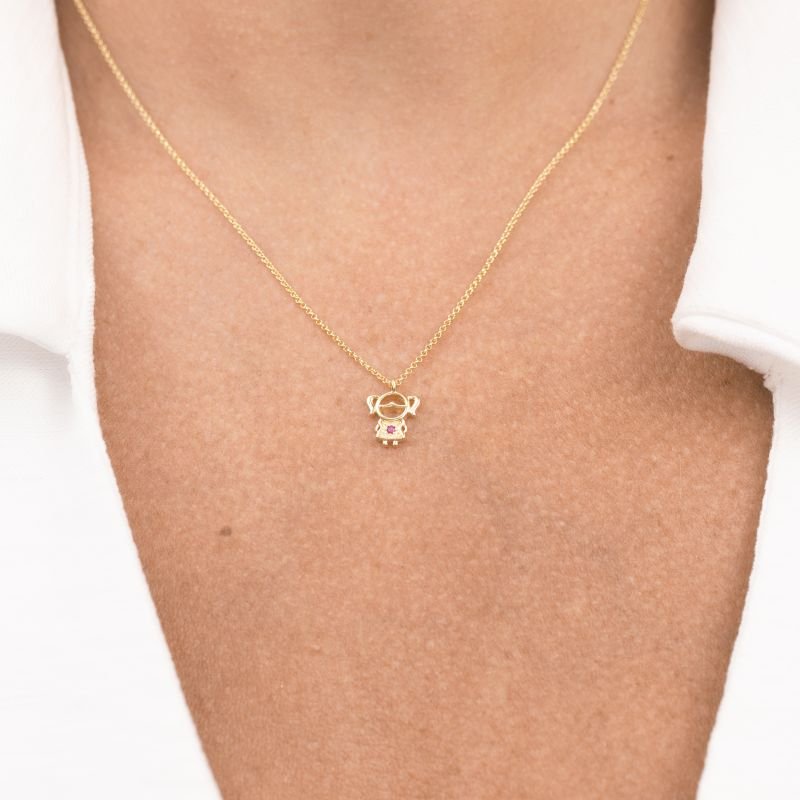 COLAR FOLHEADO A OURO MENINA COM ZIRCÔNIA ROSA